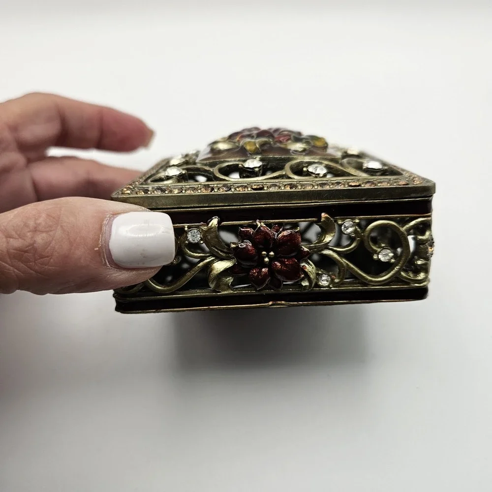 Ornate Square Enamel Floral Filigree Trinket Box with Rhinestone Accents 3